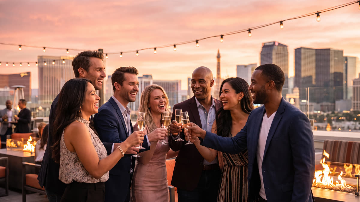 A group of six adult friends toasting champagne on a Las Vegas rooftop bar at sunset with the distant Strip skyline behind