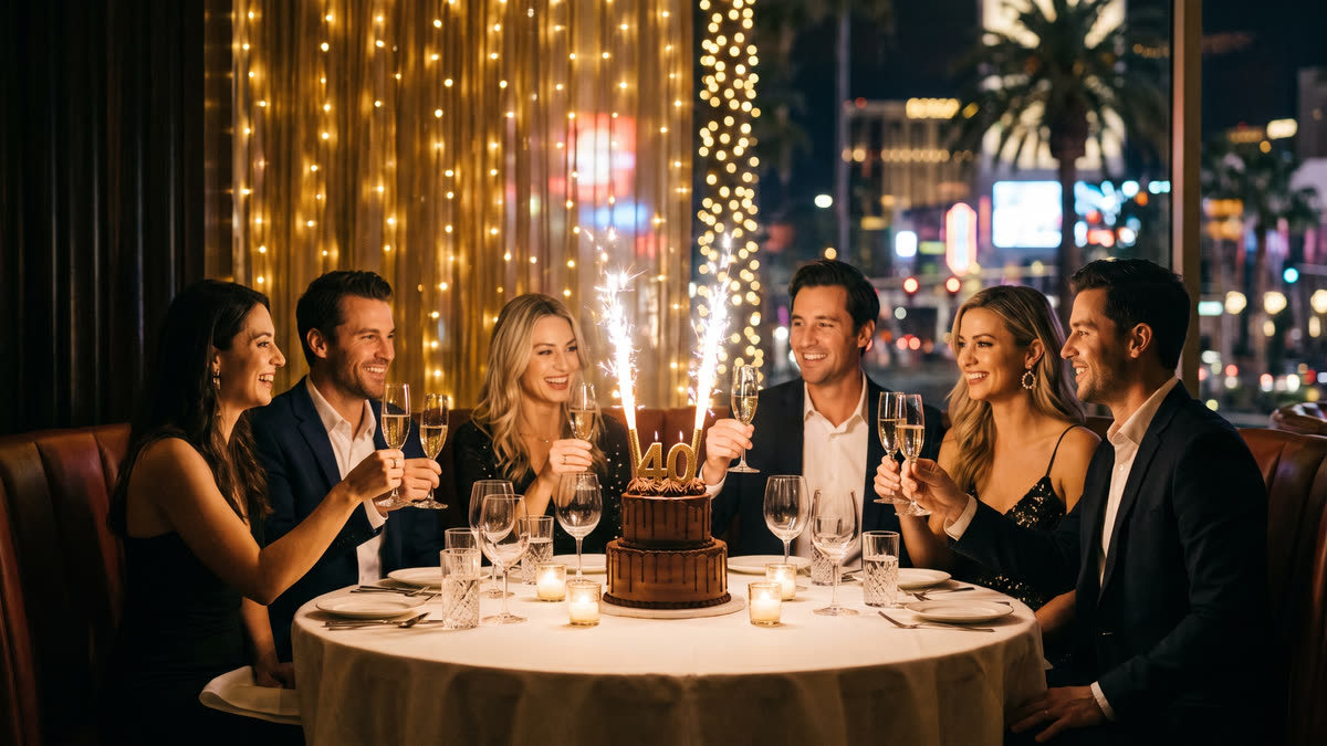 An elegant birthday dinner scene at a Las Vegas restaurant with a group of six adults toasting champagne around a candlelit table
