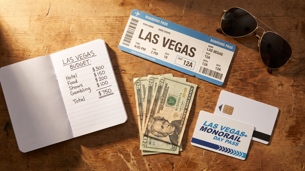 An overhead flat-lay of a Las Vegas travel budget on a desk — notebook, boarding pass, cash, hotel keycard