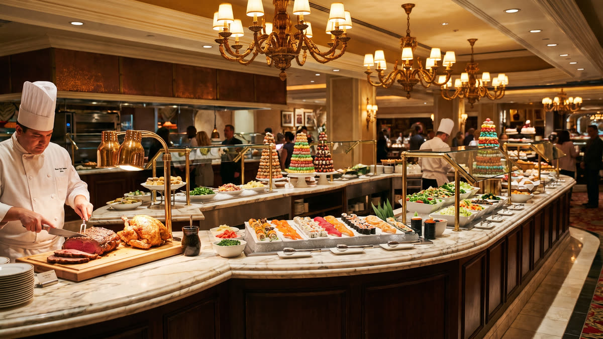 A wide luxurious hotel buffet spread with carving stations, sushi, salads and desserts under warm chandeliers