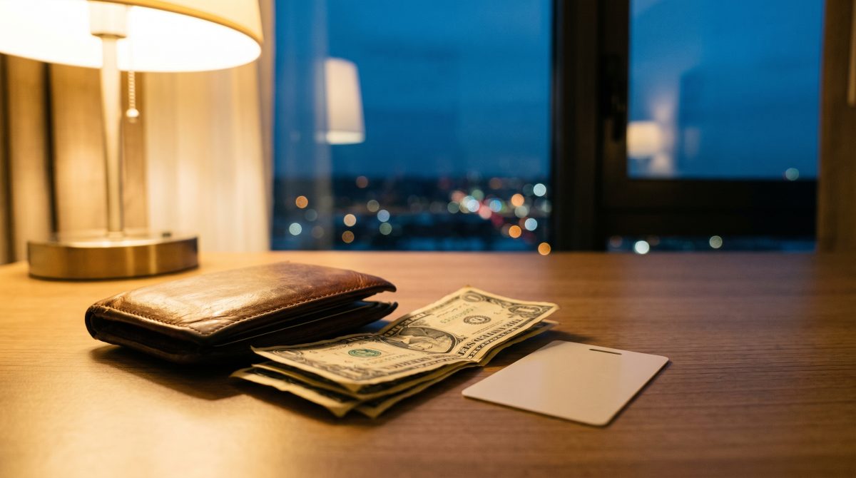 A hotel room desk at dusk with a wallet, banknotes and a room key card