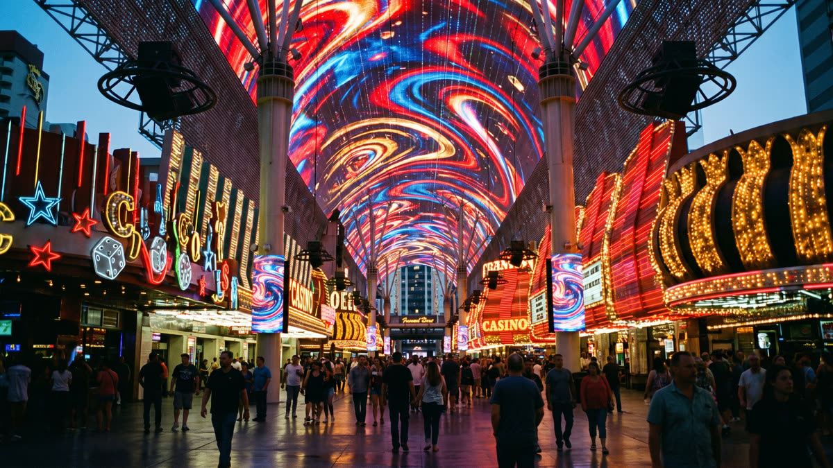 Wide dramatic evening view down Fremont Street in downtown Las Vegas with the overhead LED canopy blazing coloured light show patterns