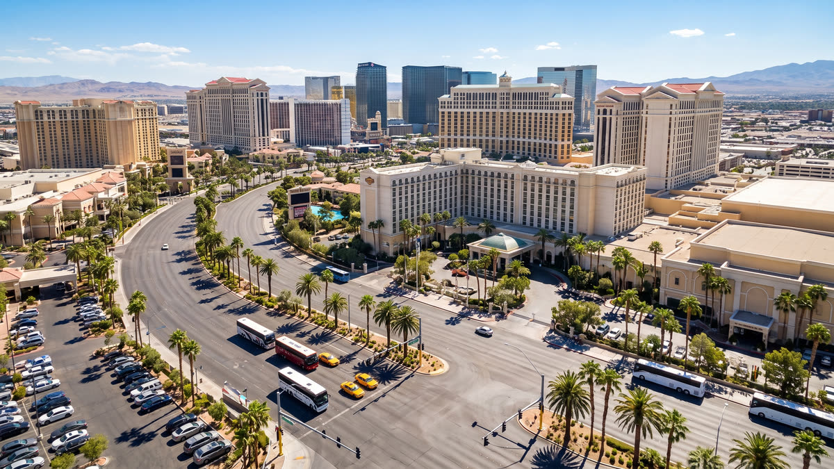Aerial view of the Las Vegas Strip mid-morning with palm-lined boulevard, tour buses, and desert mountains in the distance