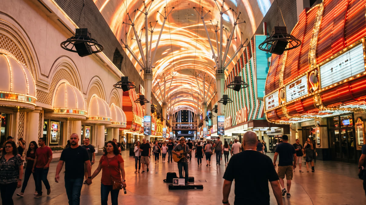 A wide street-level view of Fremont Street in downtown Las Vegas at dusk with the overhead light canopy glowing