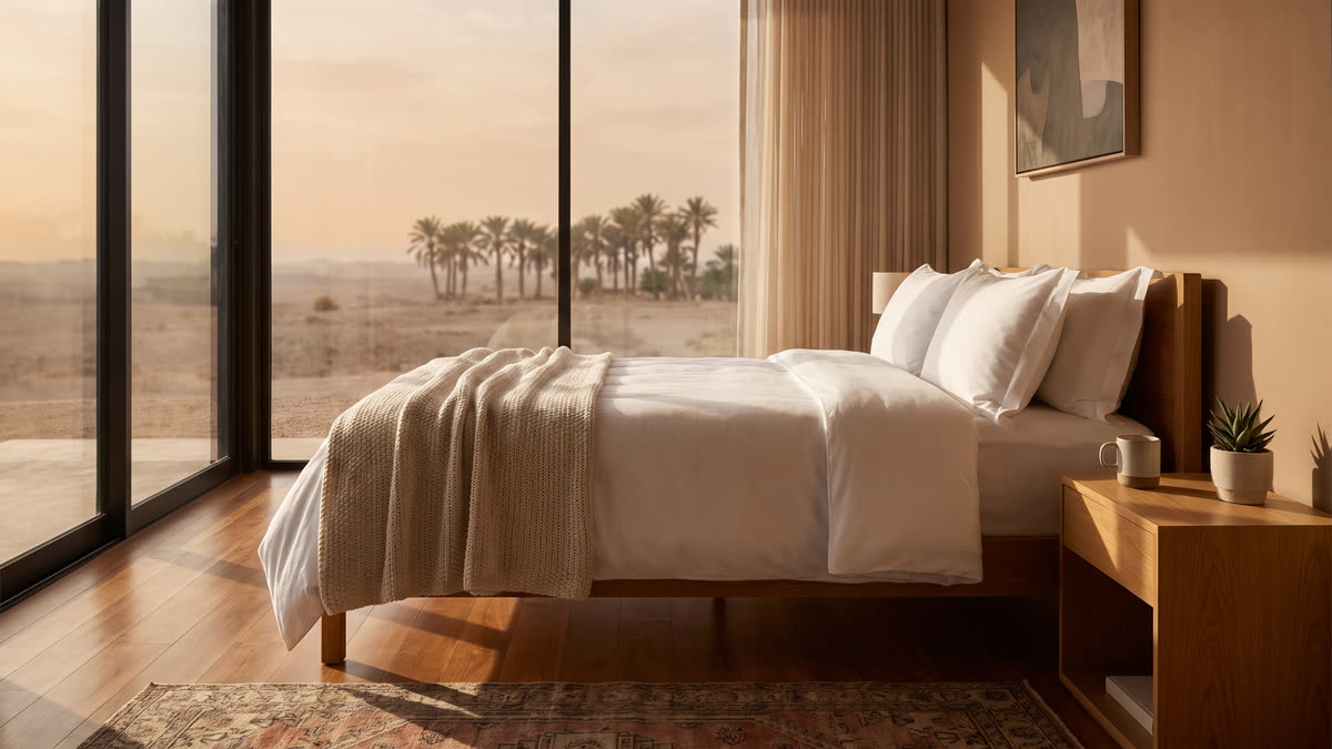A calm boutique hotel guest room at afternoon light with white bed linens, warm wood floor and a window overlooking distant desert palm trees