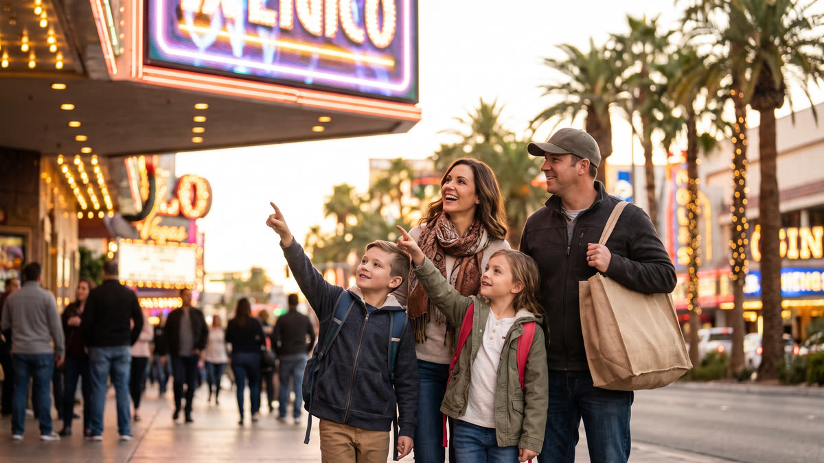 A family of four walking along a Las Vegas street at afternoon golden hour, kids pointing up at a neon marquee