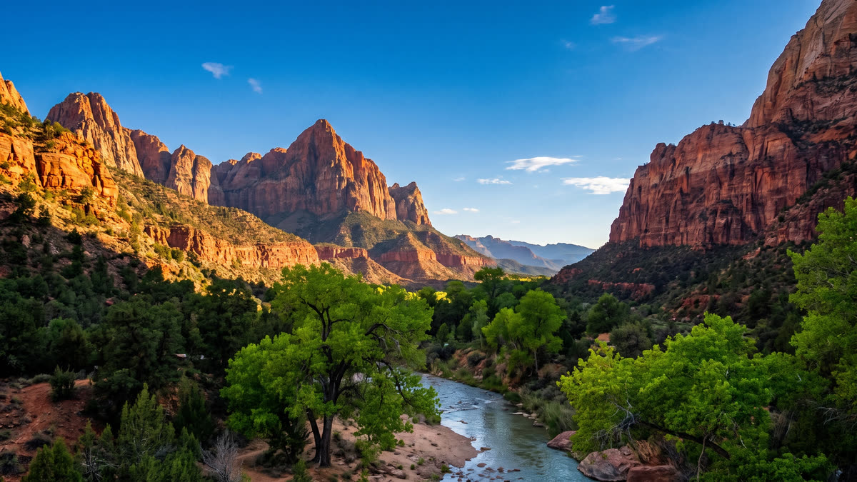 Zion Canyon with towering red sandstone cliffs and a green cottonwood-lined river winding through the valley